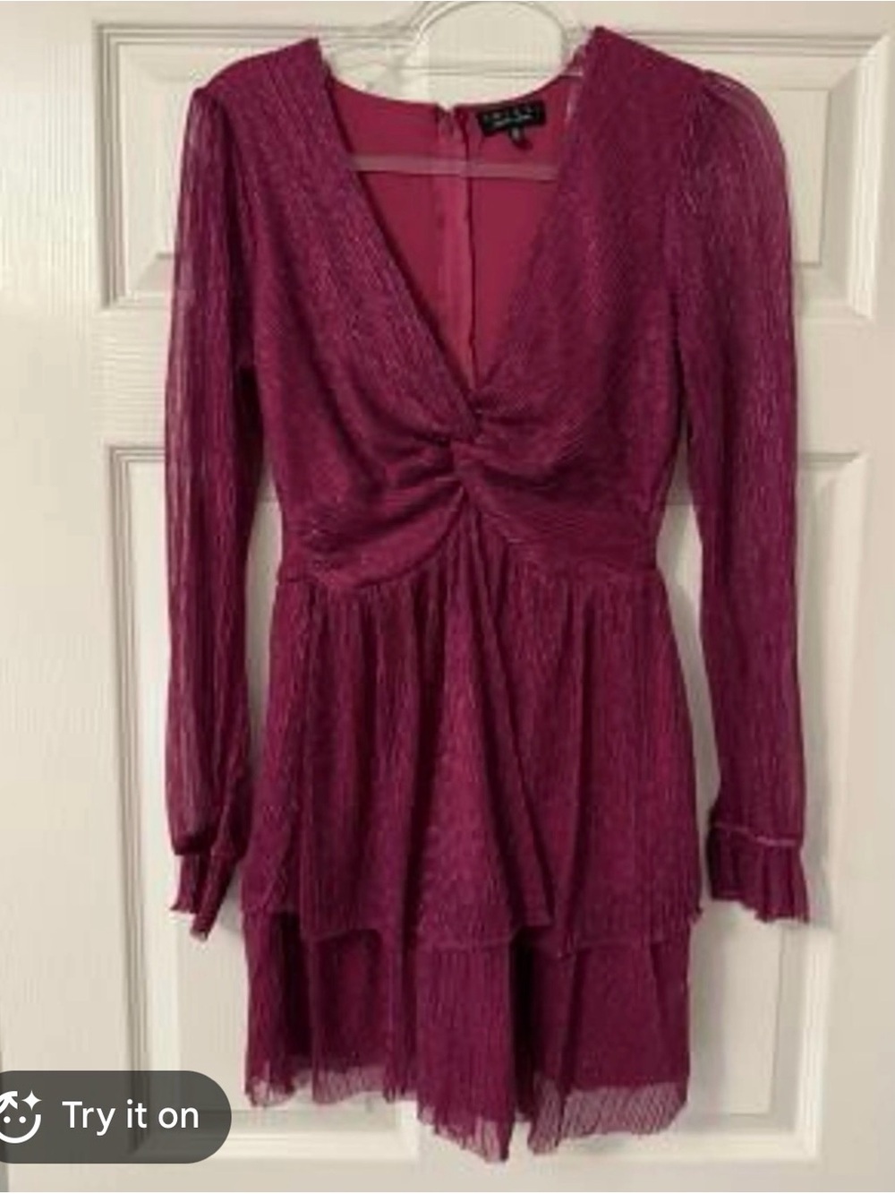 Trixxi Magenta Long Sleeve Twist-Front Tiered Dress